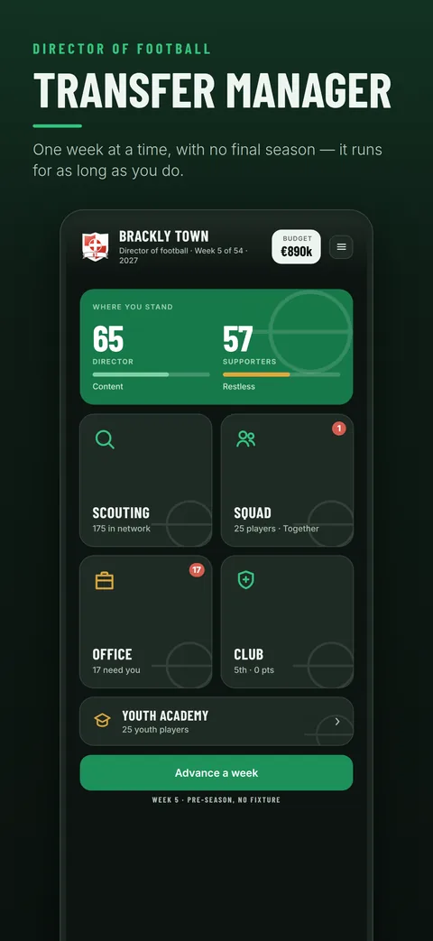 Home screen with scouting, squad, office and club