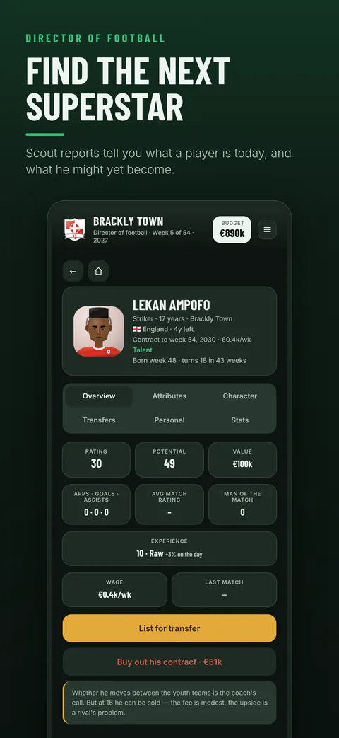 Player profile with rating, potential and value