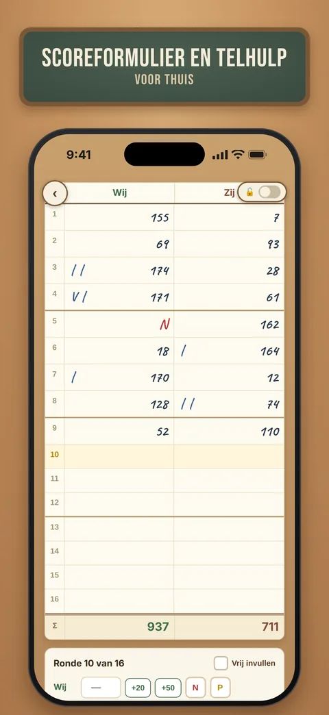 Scoreformulier met telhulp voor aan tafel