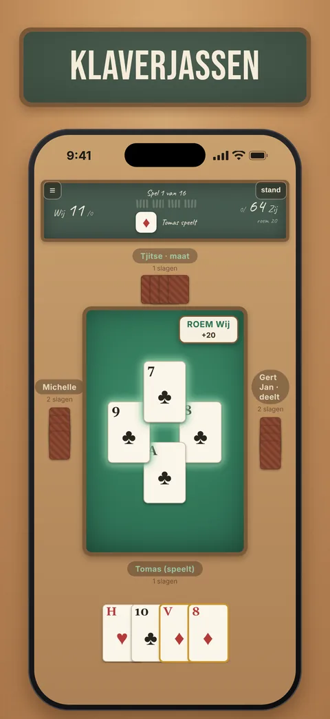 Klaverjastafel met kaarten en tegenstanders
