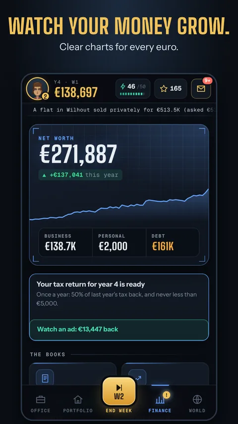 Finance screen with a net worth chart showing how the money grows