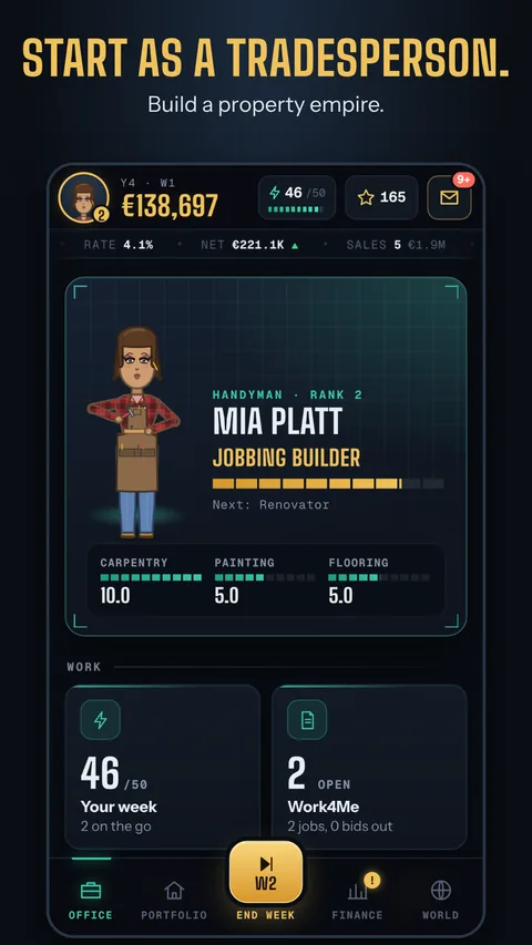 Office screen with the character Mia Platt, a handyman with carpentry, painting and flooring skills
