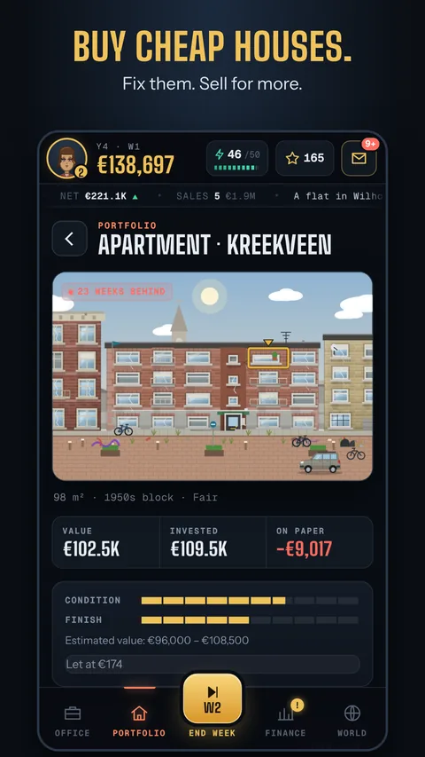 Portfolio screen for a flat, showing its value, the money invested and its condition