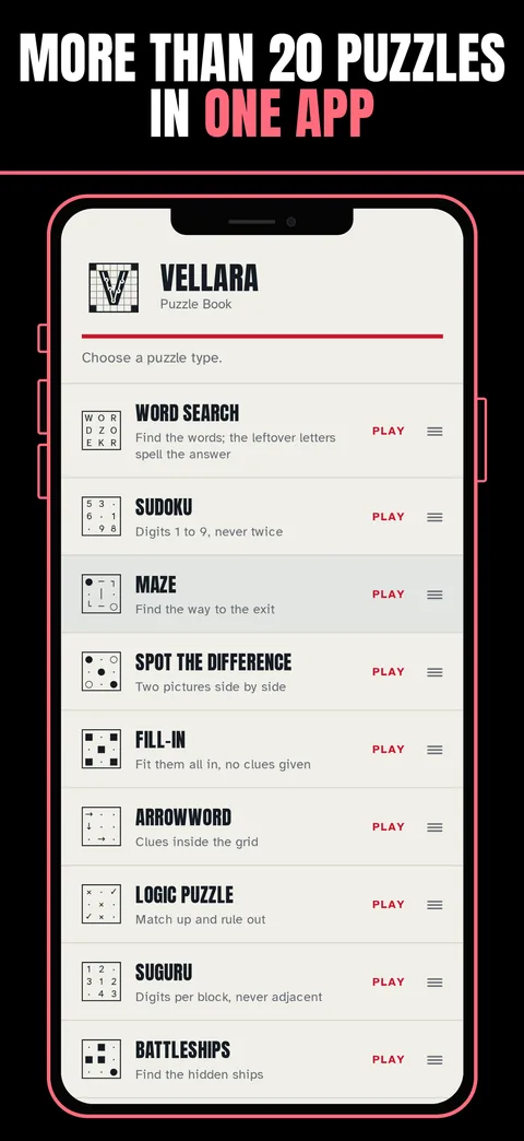 Puzzle menu with more than 20 puzzle types