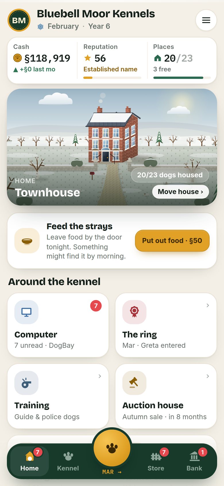 Show Dogs home screen, showing a kennel's cash, reputation and places, with the home building and daily tasks